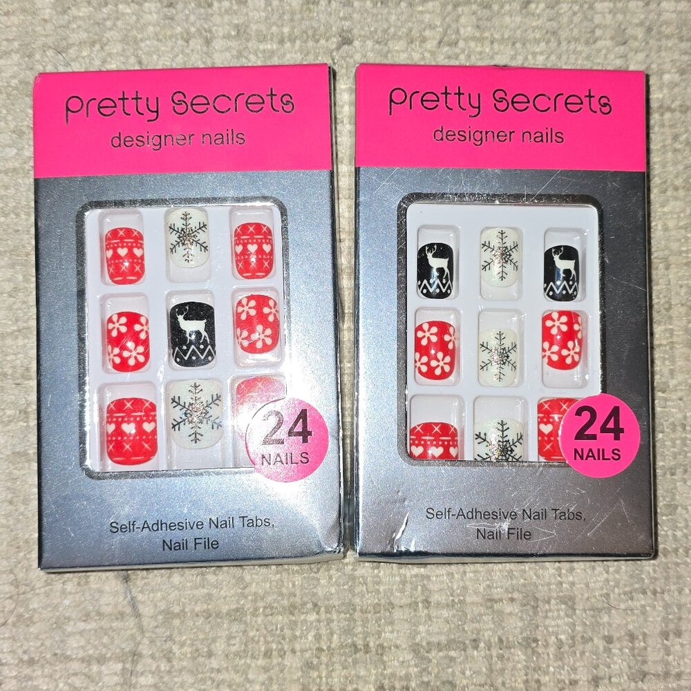 New Pretty Secrets Designer Nails Holiday Christmas 24 Nails (2 Sets) 🎄
